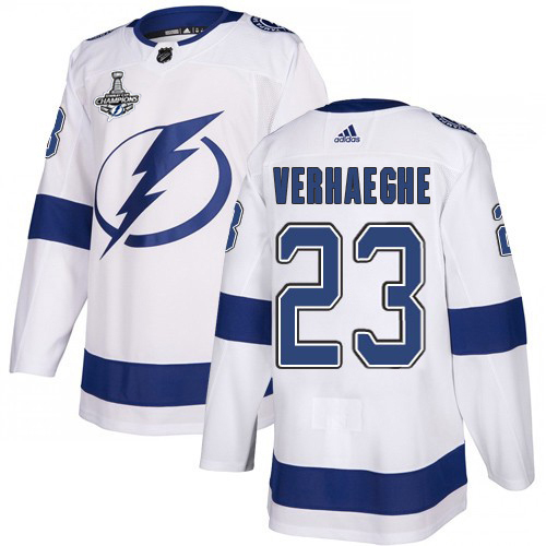 Adidas Tampa Bay Lightning Men #23 Carter Verhaeghe White Road Authentic 2020 Stanley Cup Champions Stitched NHL Jersey